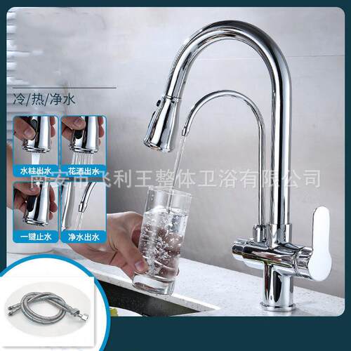跨境冷热水抽拉厨房洗菜盆水龙头三合一带纯净水龙头水槽混水阀
