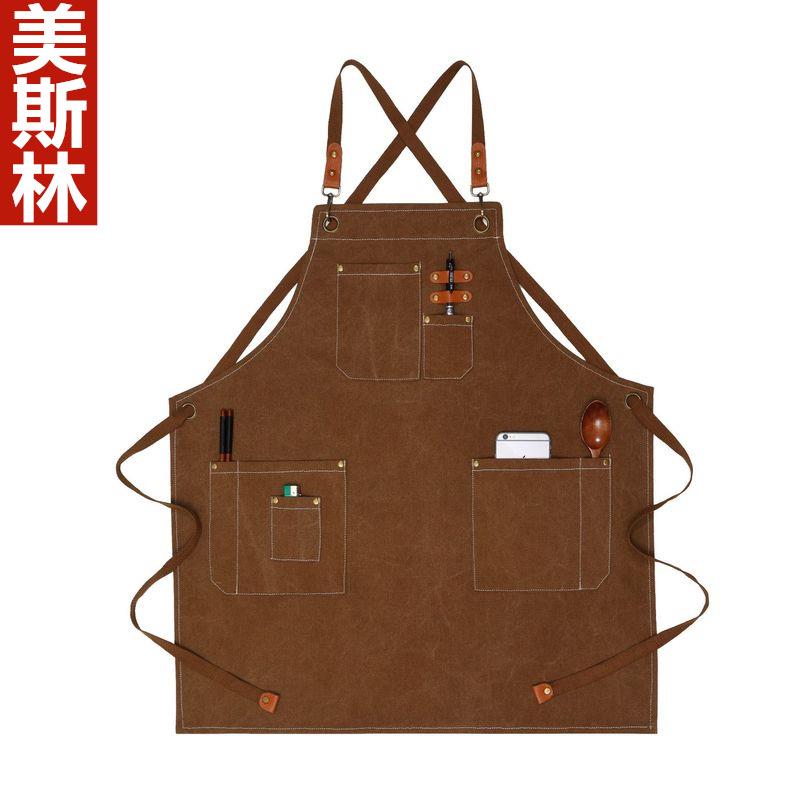 新款直销印logo围裙纯棉帆布牛仔皮肩带餐厅啡师师奶茶店理发师花