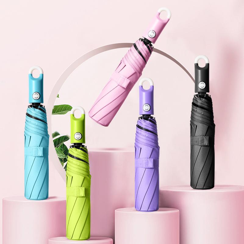 创意环扣挂钩折叠雨伞小清新晴雨两用黑胶防晒全自动太阳伞