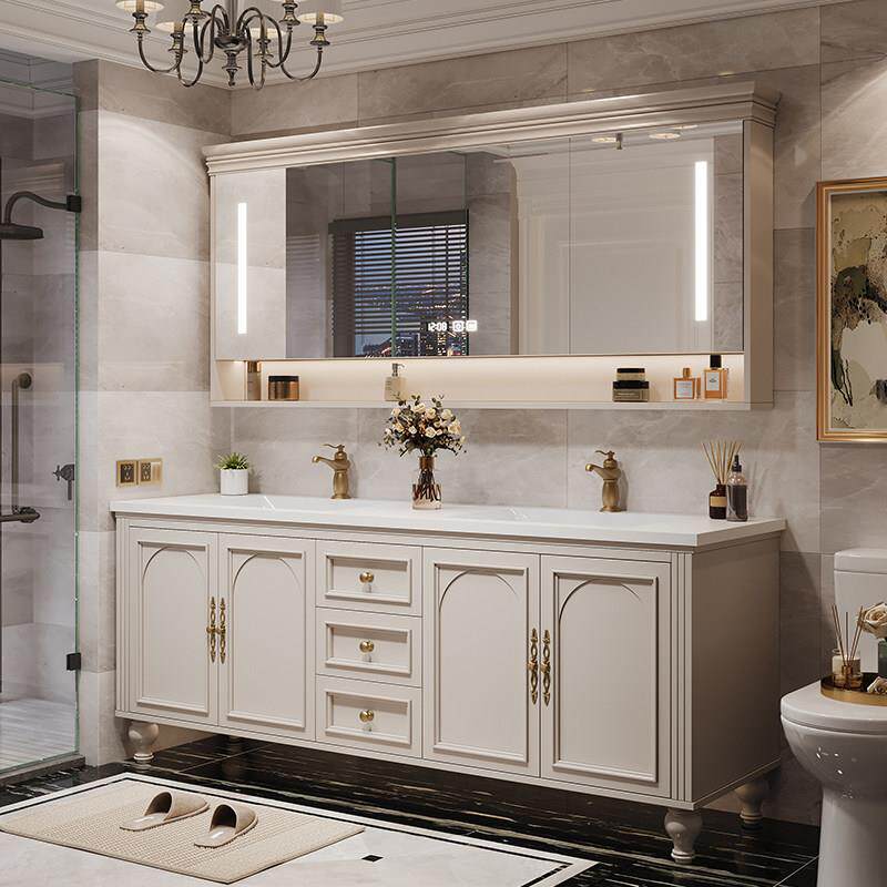 美式双槽洗脸盆浴室柜组合实木落地式岩板无缝拼接陶瓷一体盆智能