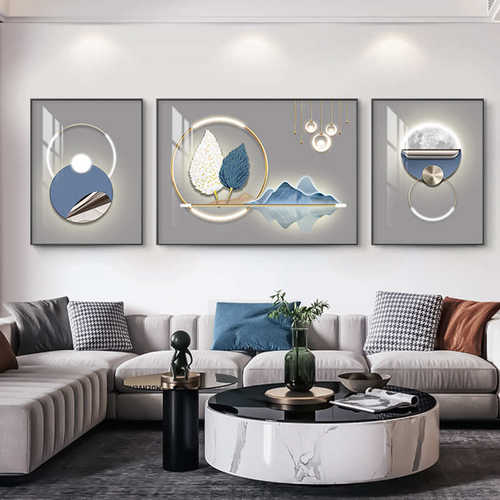 轻奢客厅装饰画蓝色山水画几何壁画沙发背景墙挂画现代简约三联画