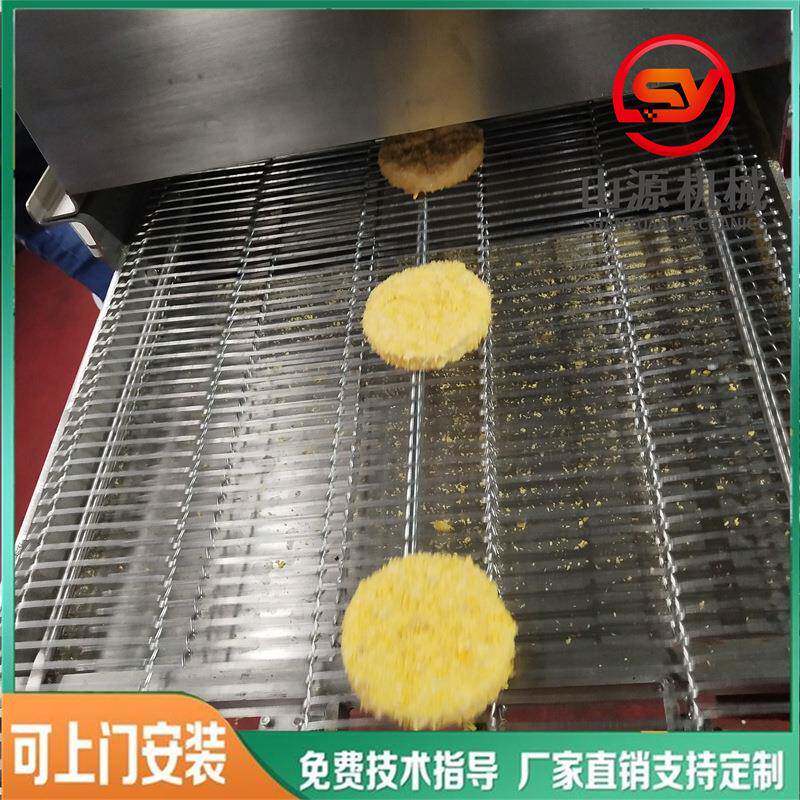 自动化肉饼上糠机连续式鱼饼裹面包糠设备蟹肉饼上糠机器
