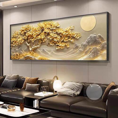 现代轻奢客厅装饰画发财树沙发背景墙挂画高级感办公室大白墙壁画