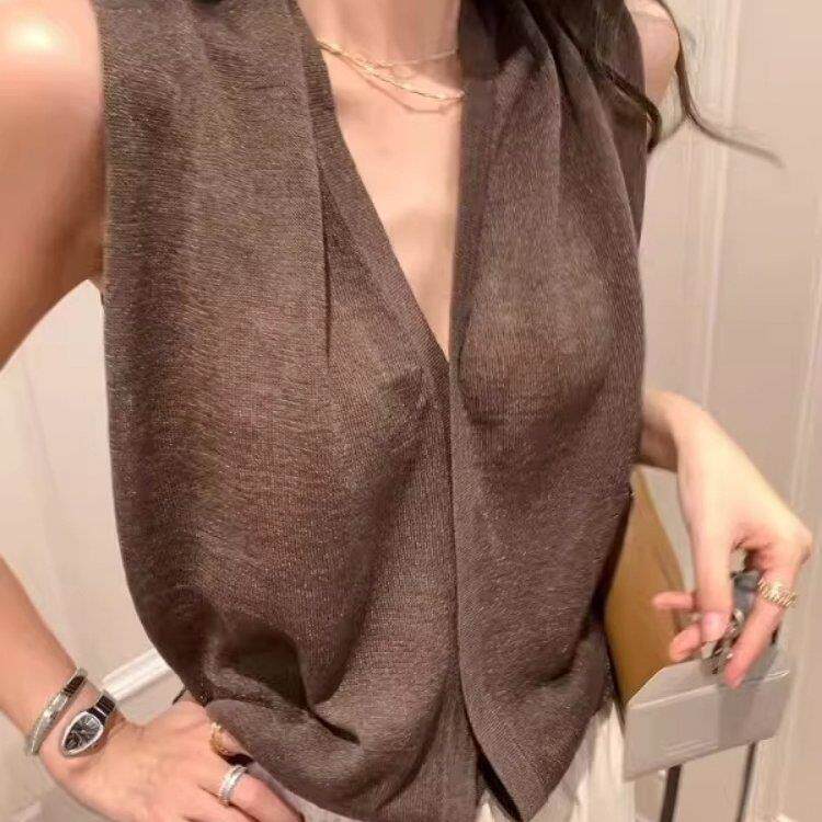 SOLAR/港风复古高级感棕色V领亚麻针织背心女夏薄款无袖气质上衣