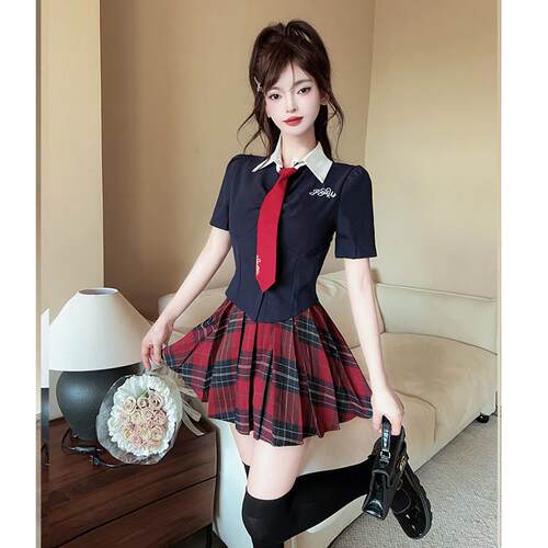 纯欲制服女修身领短袖衬衫格子百褶裙足疗足浴技师工衣