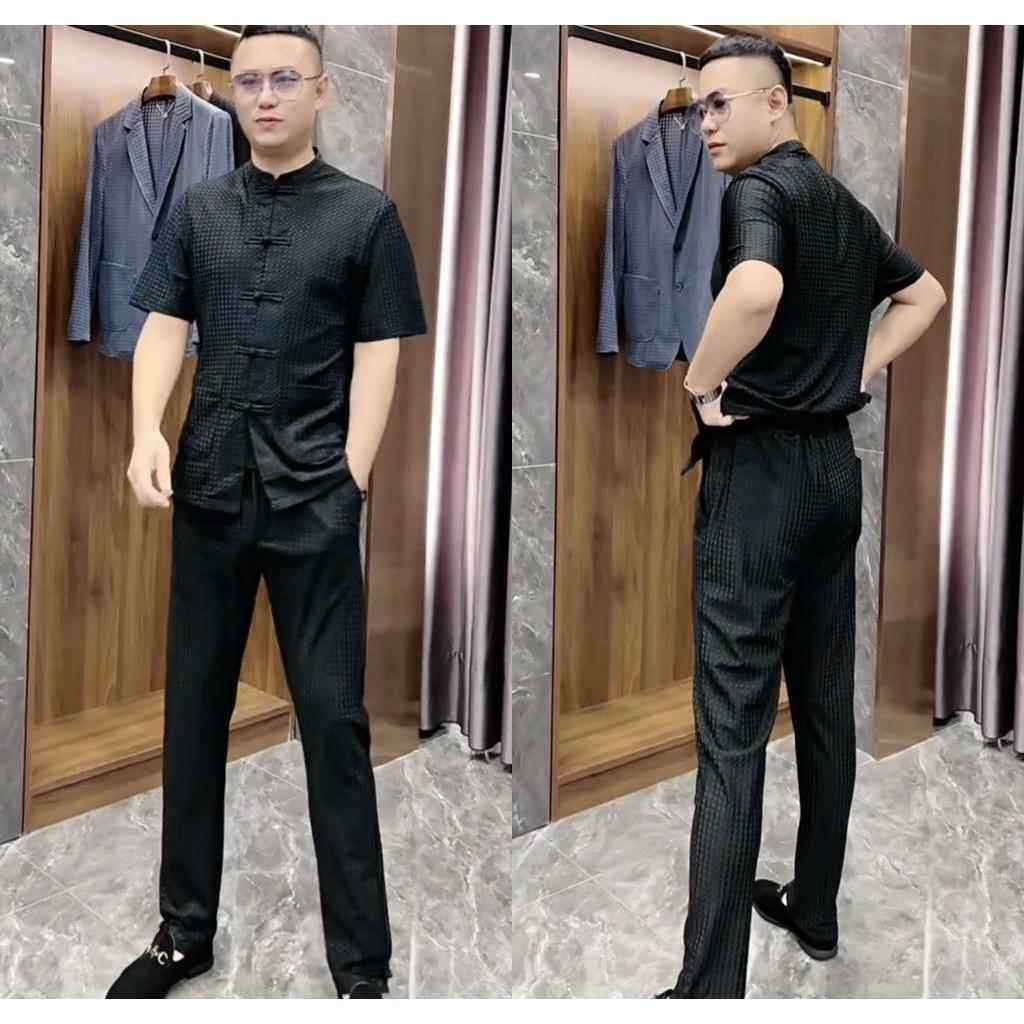 香港2024夏季新款男时尚潮流气质中国风盘扣民族唐装两件套套装