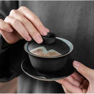 批发远山釉画彩黑陶盖碗陶瓷泡茶碗粗陶手抓盖碗功夫茶具茶杯家用