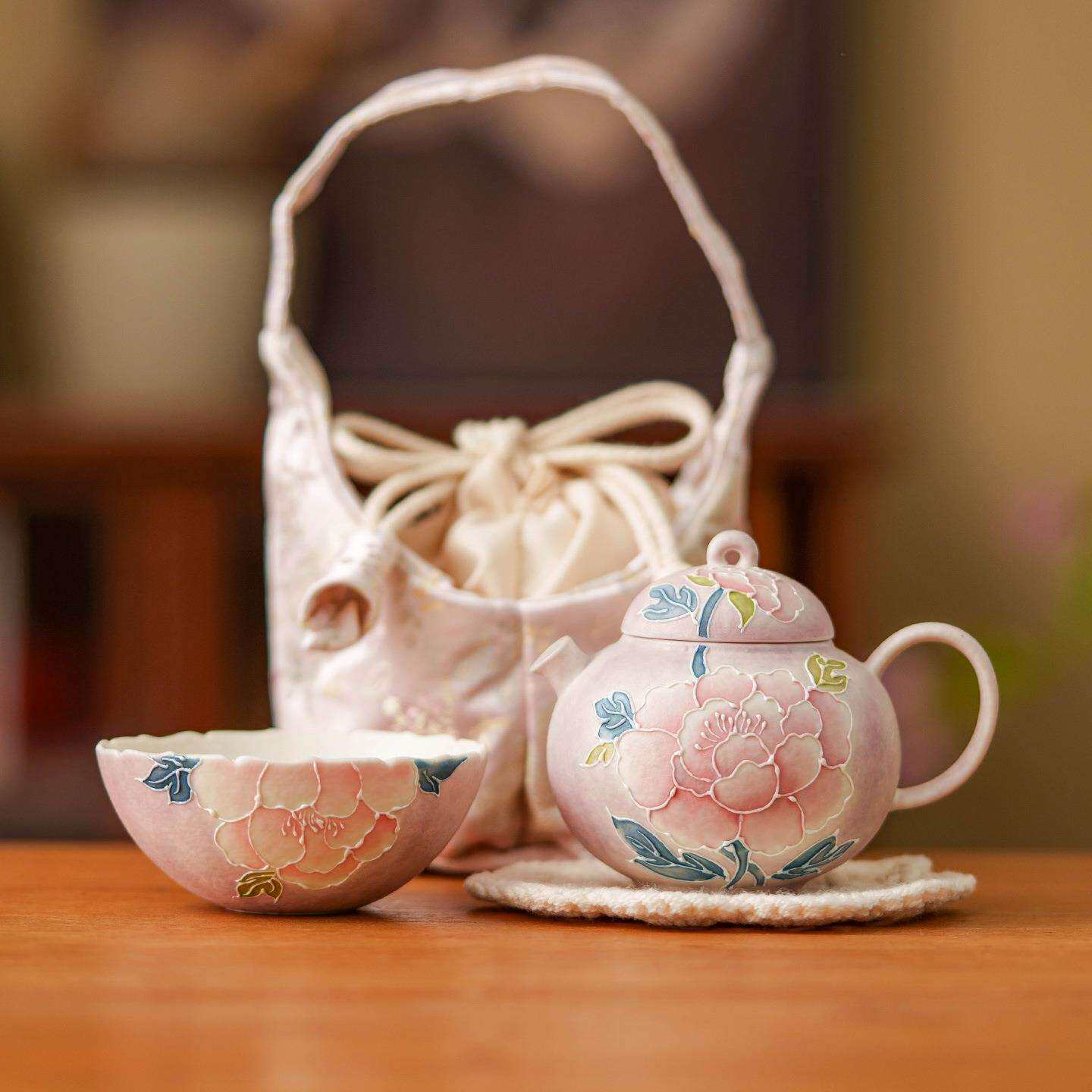 堆绘牡丹蝶恋花快客杯陶瓷一人饮旅行茶具便携式户外旅行泡茶套装