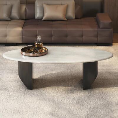 卡里冰玉奢石茶几家用小户型客厅不占空间椭圆形天然大理石茶几桌