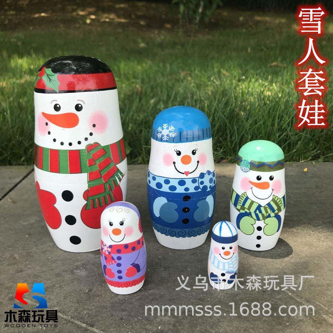 木质俄罗斯5层套娃五层圣诞雪人套娃纯手工艺品家居摆件