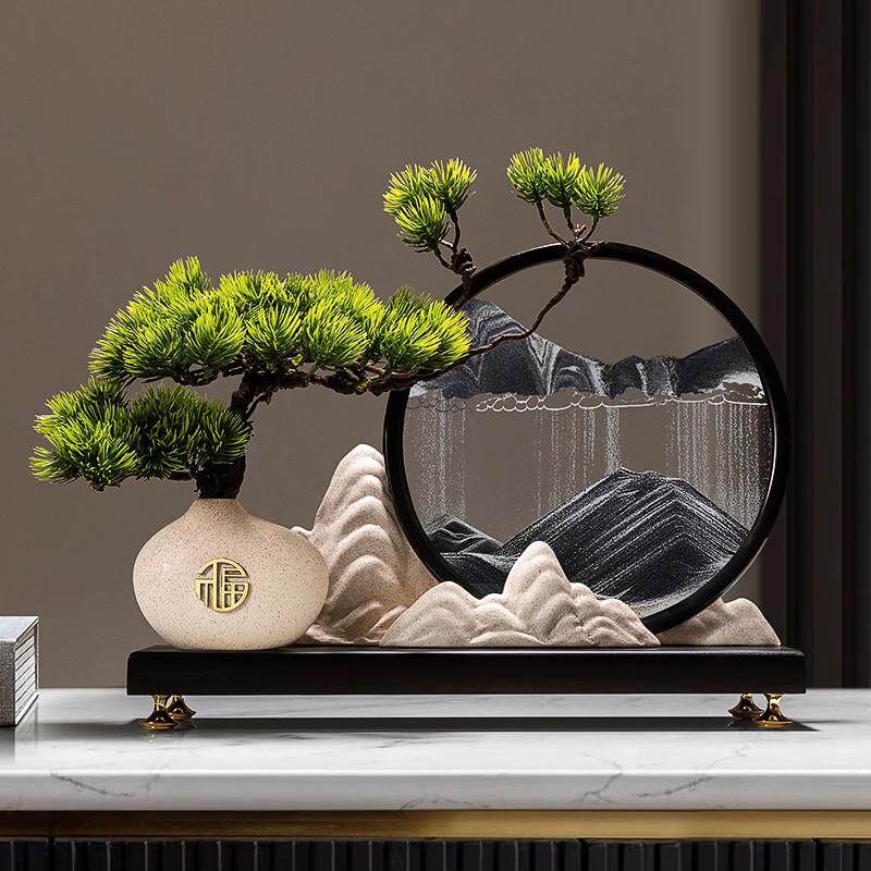 迎客松创意山水流沙画摆件新中式客厅玄关办公室高档沙漏装饰品