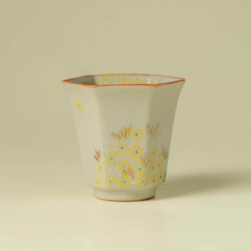 主人杯陶瓷茶杯汝窑描金手绘小雏菊品茗杯女新中式泡茶杯茶具