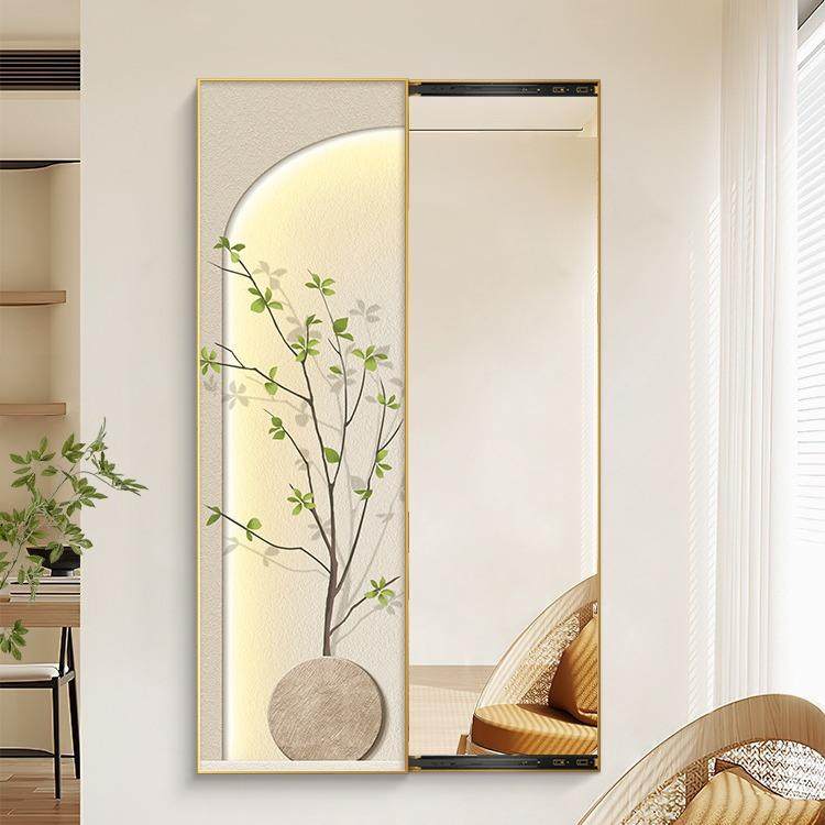 推拉隐式藏奶油风玄衣关装饰画穿镜子ZMS画客厅室可关闭全身卧镜