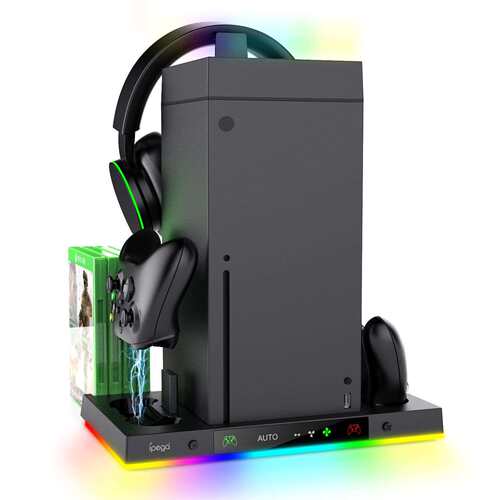 Xbox Series X主机智能温控底座+置顶散热风扇带RGB灯碟片收纳架
