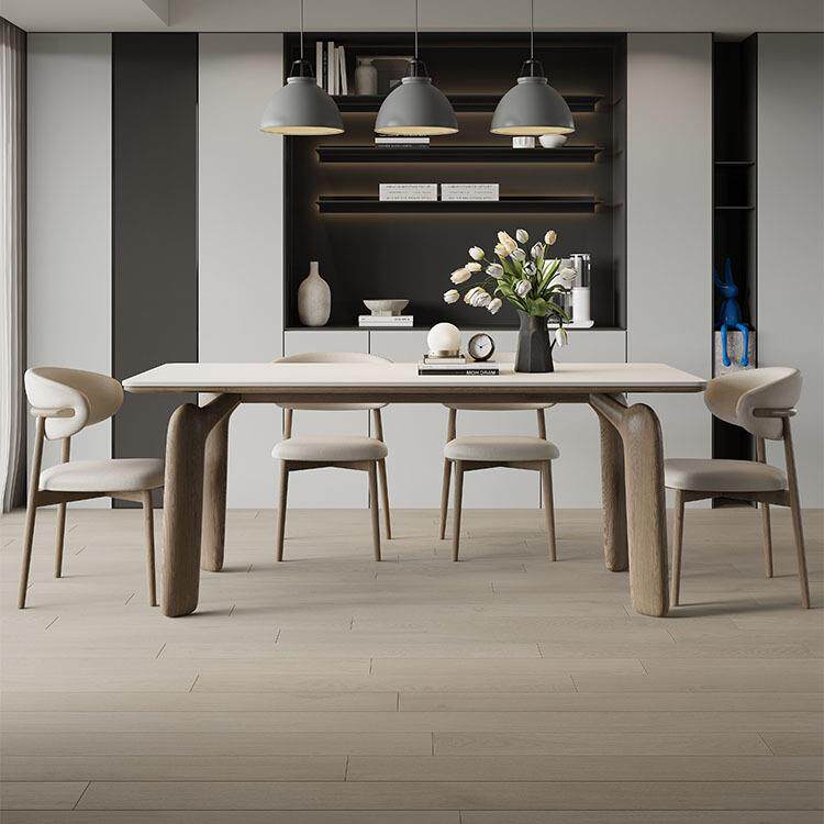 法式复极古实木德丰岩板利餐桌纯简小户型长方形饭桌大象腿白CZ06