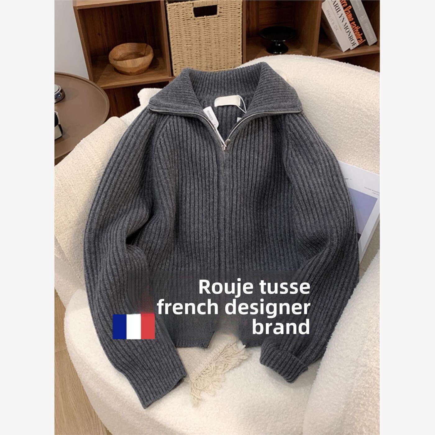 Rouje Tusse灰色开司米拉炼针织衫秋冬外衫宽松慵懒高领羊毛针织