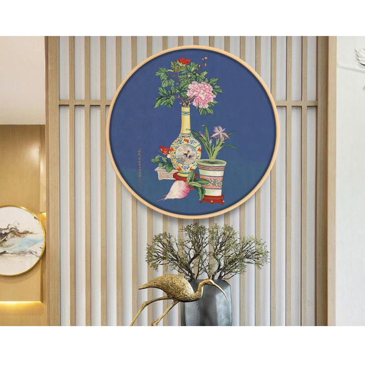 圆形镜框画客厅大厅办公室装饰画花鸟挂画壁画郎世宁平安富贵图