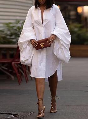Yeezzi Female Fashion White Statement Puff Sleeves Loose Ple