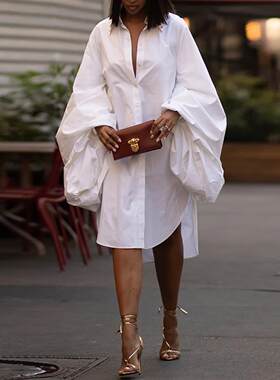 Yeezzi Female Fashion White Statement Puff Sleeves Loose Ple