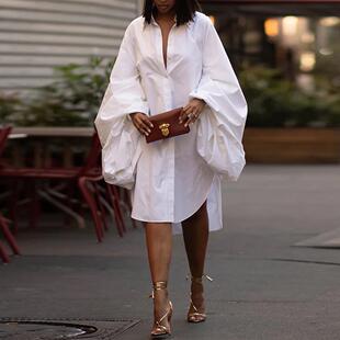 Yeezzi Female Fashion White Statement Puff Sleeves Loose Ple