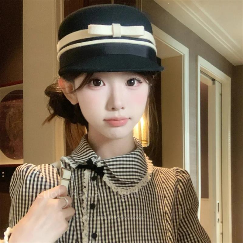 复古千金感毛呢马术帽子女秋冬季气质小香风渔夫帽赫本风优雅礼帽