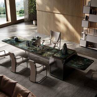 蓝翡翠奢石茶桌简约现代大户型别墅高端亚克力航母茶台架一帆风顺