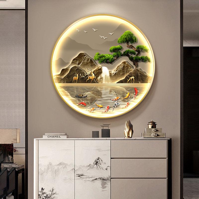 新中式入户进门圆形玄关装饰画流水生财走廊挂画带灯山水九鱼图画
