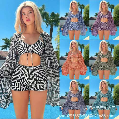 New Fat Granny Grid Printed Split Three Long Sleeve Mesh