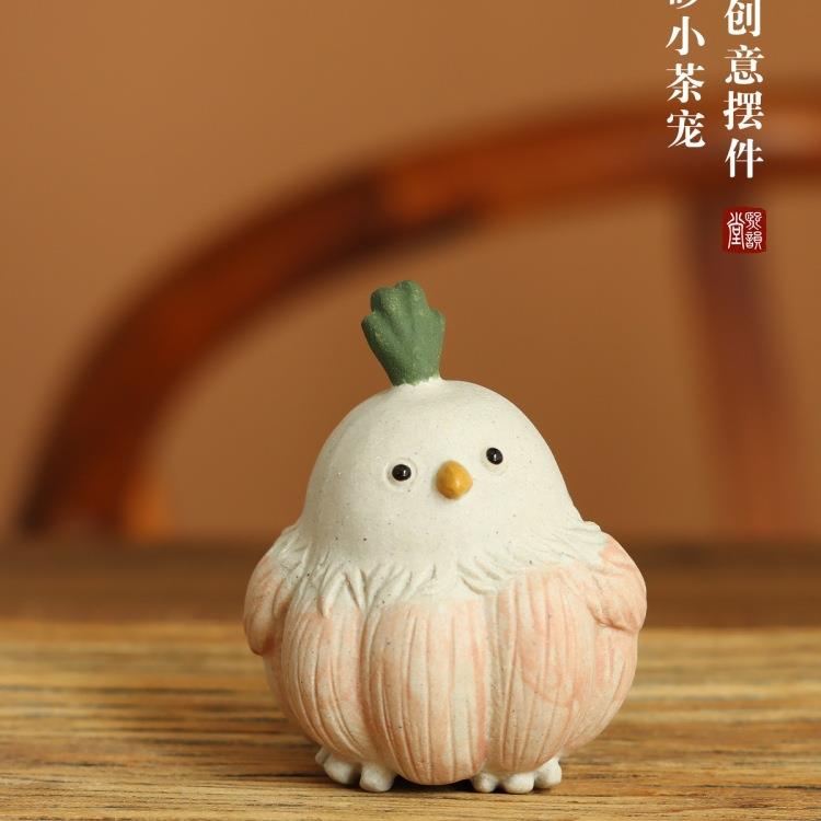 宜兴紫砂茶宠算了蒜鸟摆件创意雕塑手工蒜头小鸟小茶玩可养