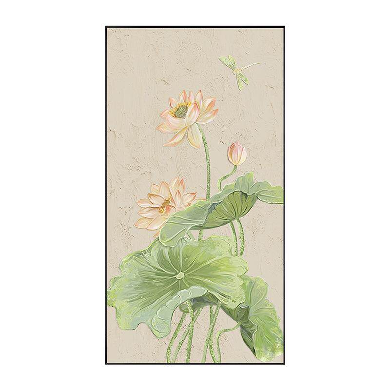 荷花玄关装饰画手绘油画壁画走廊尽头挂画新中式大芬村壁画立体感