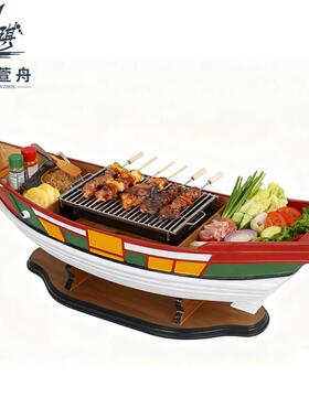 木质闽南船刺身船寿司店自助干冰料理船三文鱼海鲜拼盘龙虾装菜船