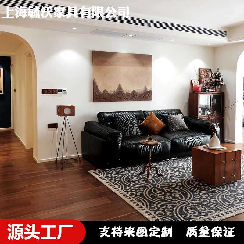 中古风黑曜石黑色沙发设计师款复古油蜡皮直排落地可调节沙发三人
