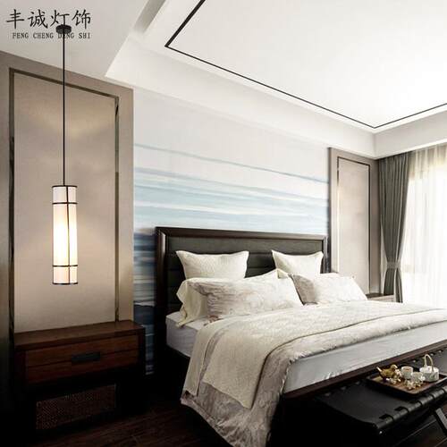 新中式卧室床头吊灯 中国风单头餐厅饭厅灯简约床头中式布艺吊灯
