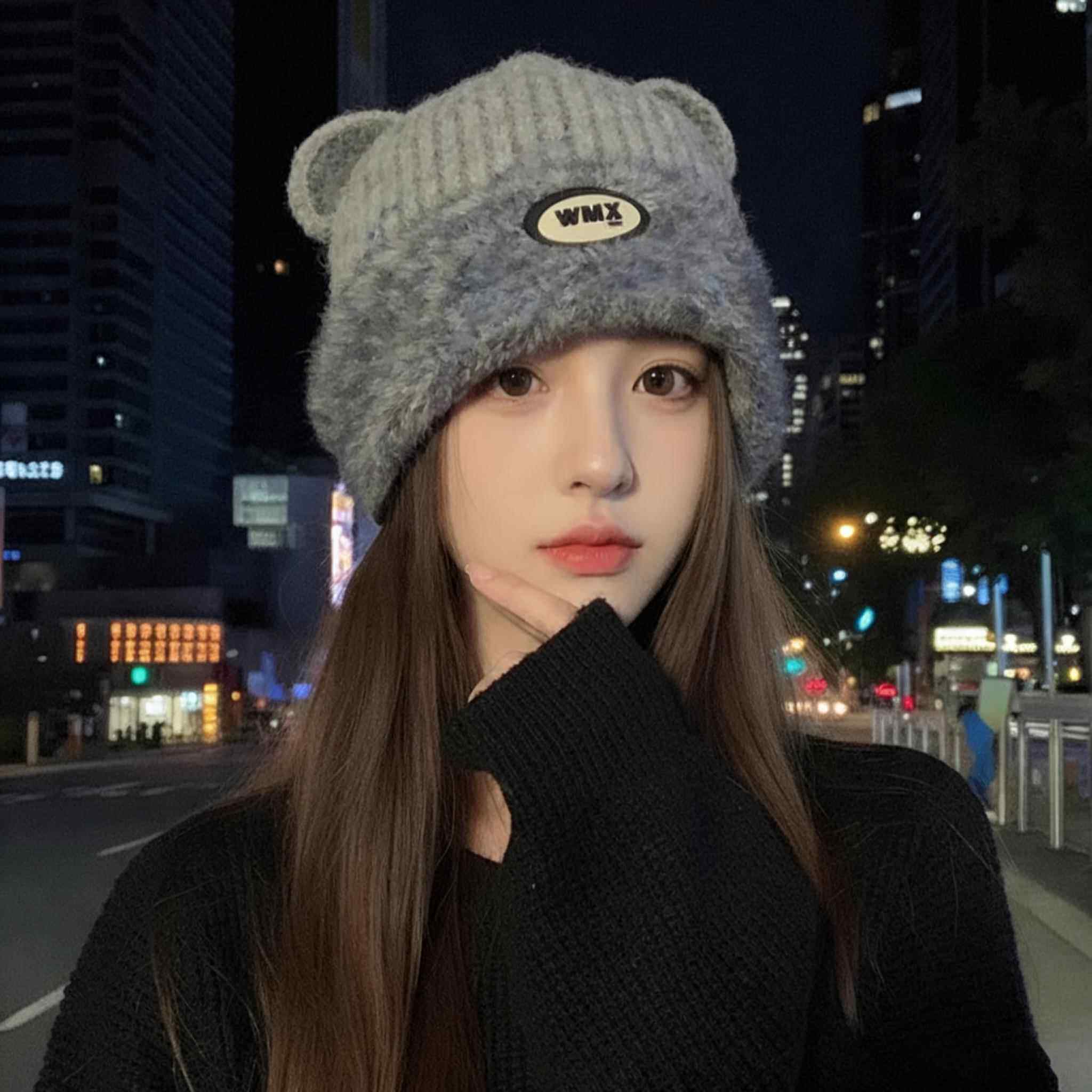 冬季加绒保暖套头帽子女毛绒小熊显脸小针织帽户外防寒护耳毛线帽