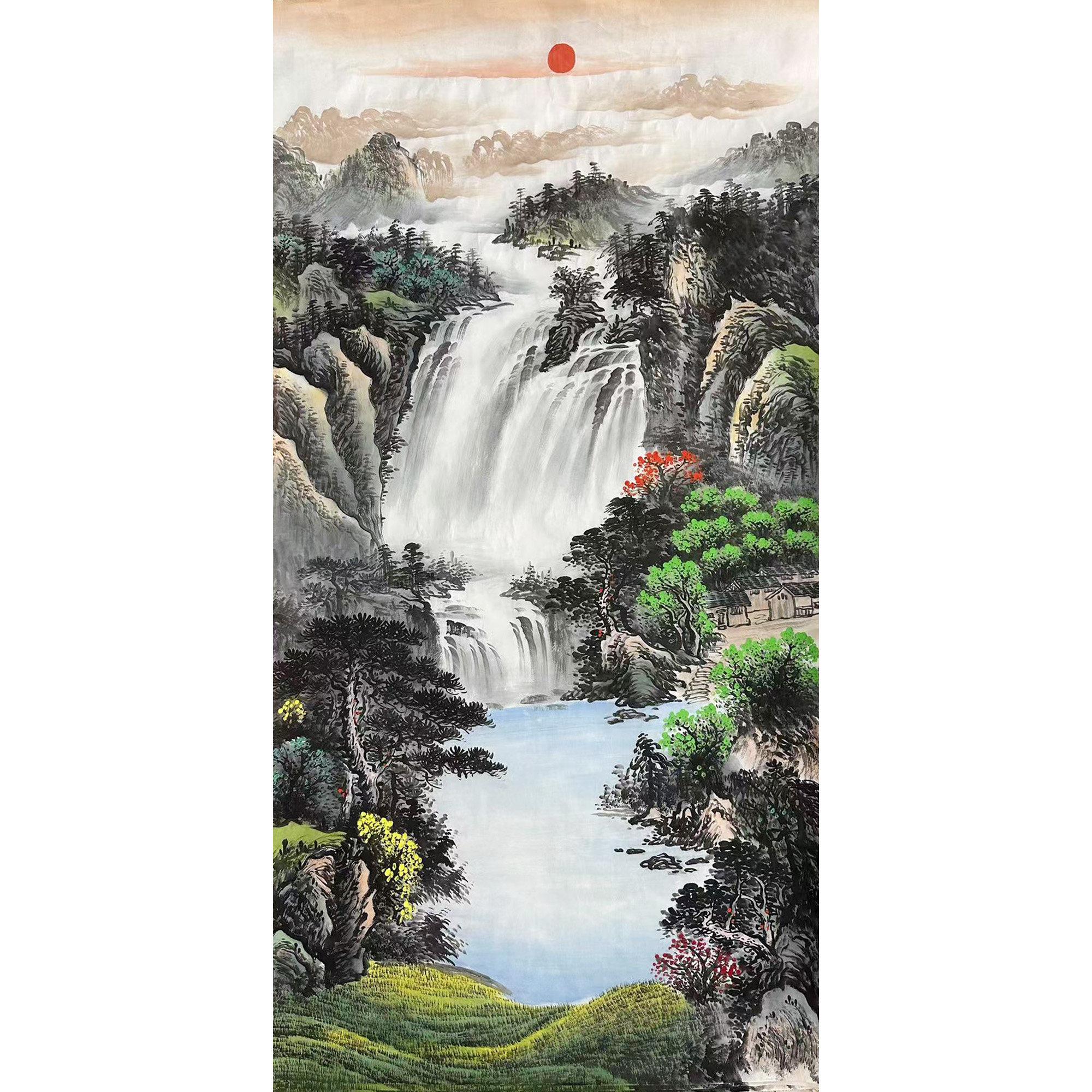 旭日东升山水画客厅装饰 玄关国画手绘订制 新中式山水字画真迹