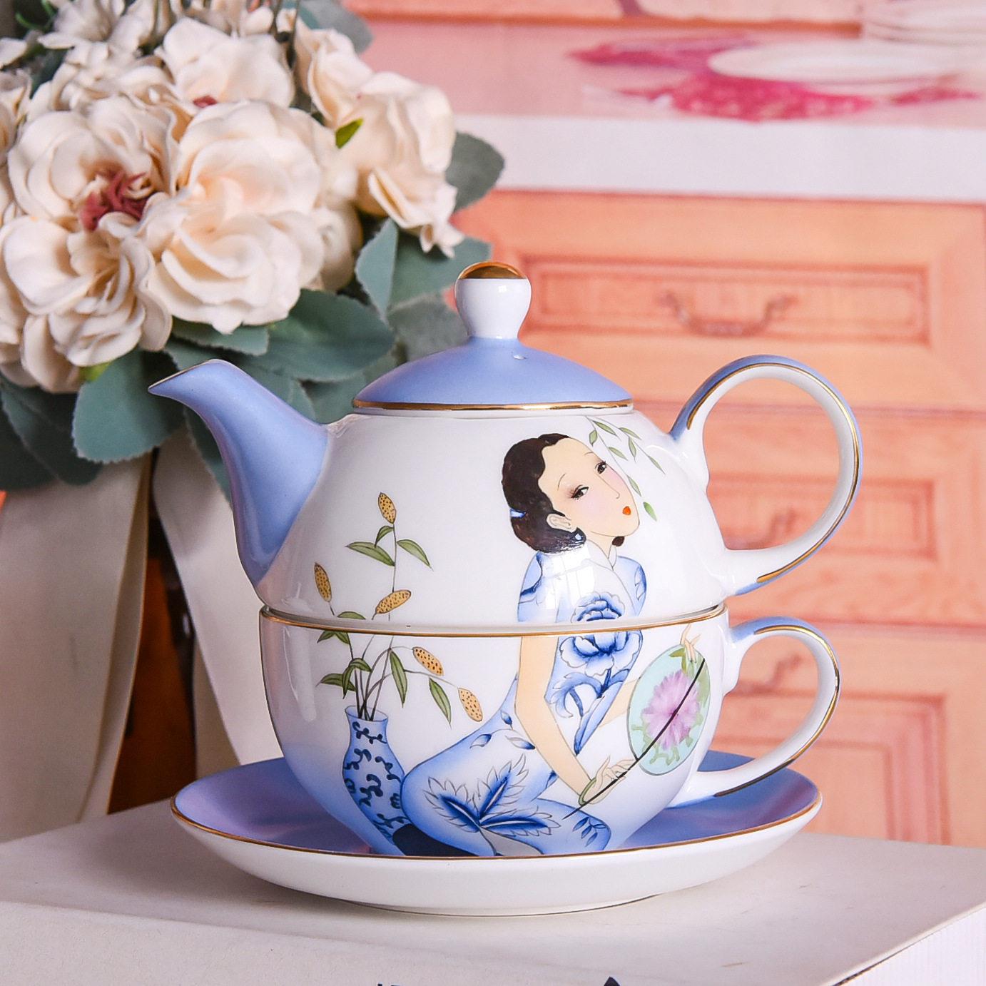 纯手工绘制陶瓷茶具 旗袍子母壶骨瓷茶具套装英式复古花茶壶