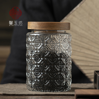 复古海棠花玻璃罐茶叶罐食品级收纳罐储物罐实木盖密封罐咖啡豆罐