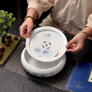 潮州手工羊脂玉瓷茶盘茶船干泡台功夫茶具家用托盘单茶台清水芙蓉