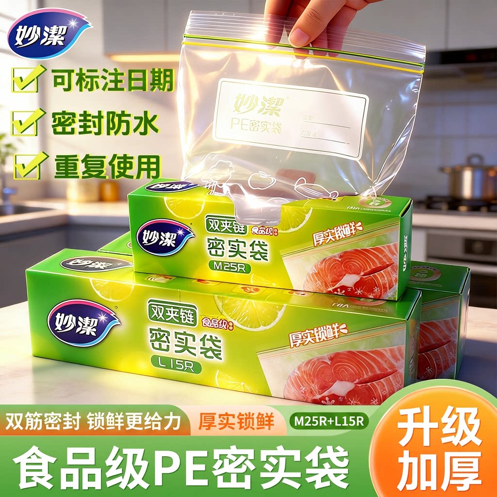 妙洁密实保鲜袋食品级加厚自封袋家用双夹链密封收纳分装储鲜