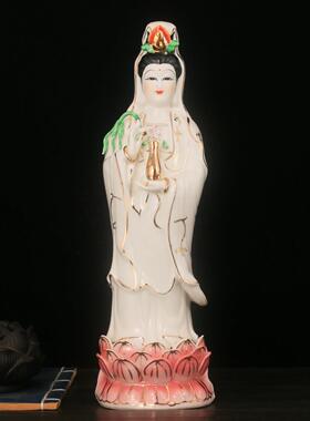陶瓷站莲花观音居家摆件南海观世音菩萨观音娘娘佛像陶瓷立式观音