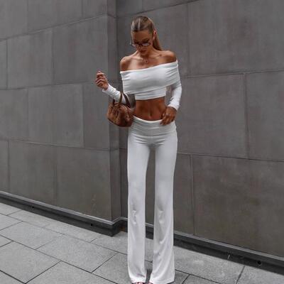 Women's Casual Off-Shoulder Short Top Wide Leg Pants Set