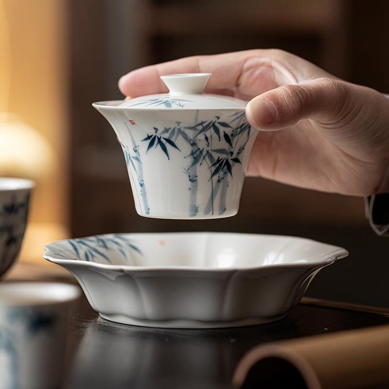 皓澜草木灰手绘蓝竹陶瓷壶承家用茶具配件葵边托盘蓄水盖碗底托