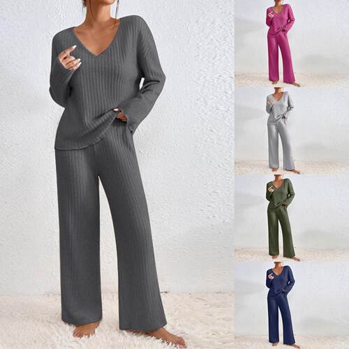 Long sleeved V-neck knitted pit stripe sandblasting set