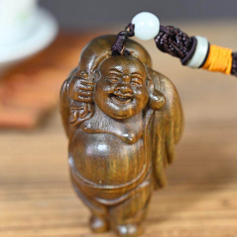 新款直销绿檀木雕刻布袋弥勒木质文玩手把件钥匙扣汽车内饰挂件工