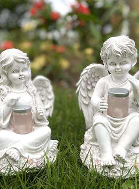 新款直销跨境创意欧美少女天使太阳能灯花园草坪树脂小摆件家居庭