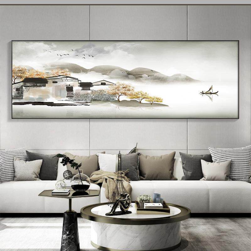 新中式卧室装饰画现代抽象山水客厅横条酒店水墨禅意床头主卧挂画