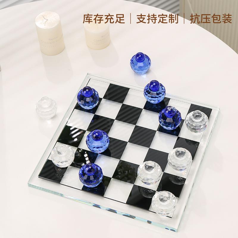 跨境轻奢白水晶玻璃大理石高级感棋盘创意客厅酒店桌面摆件厂