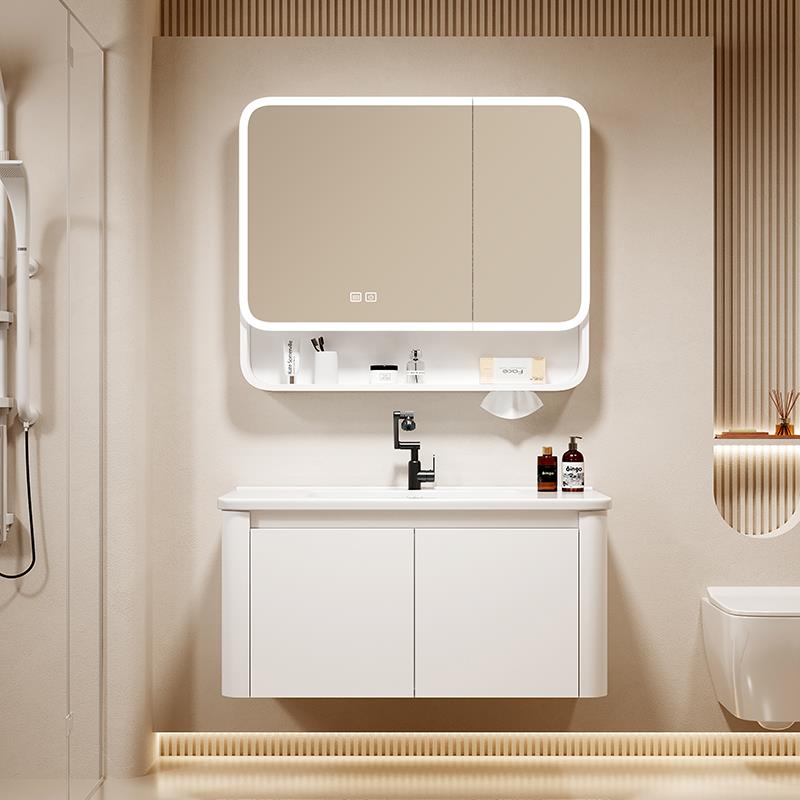 奶油风太空铝浴室柜组合卫生间洗脸洗手陶瓷一体盆洗漱台美妆镜柜