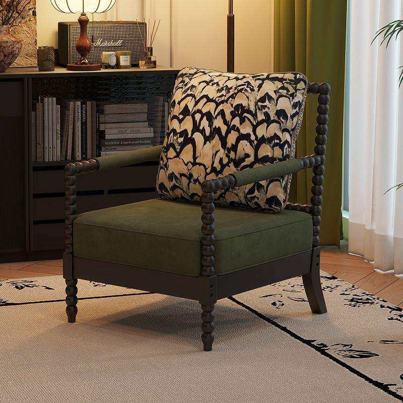 实木布艺椅中古风客厅椅子沙发卧室美式珍珠椅单人复古珍珠椅法式