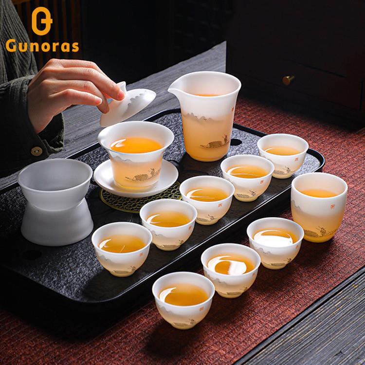 冰种玉瓷功夫茶具手绘水墨中国风套装素烧羊脂玉盖碗茶壶礼盒送礼
